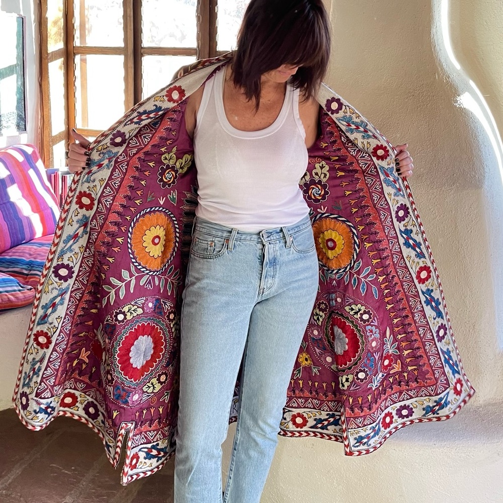 Reversal duster from Afghanistan with the initials or N. R. made from silk Ikat